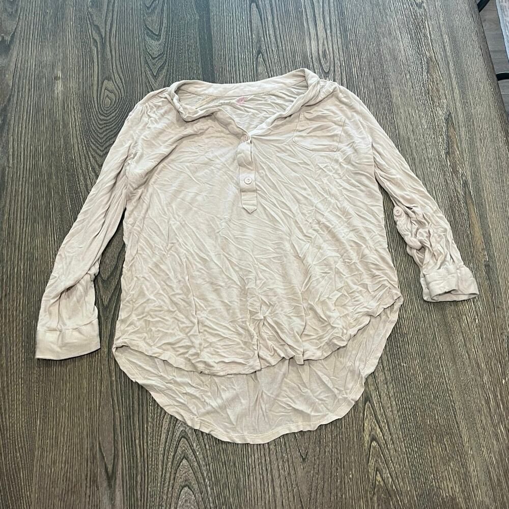 JW Style Womens High-Low Knit Top Long Sleeve Henly Neck Rayon Beige Size S